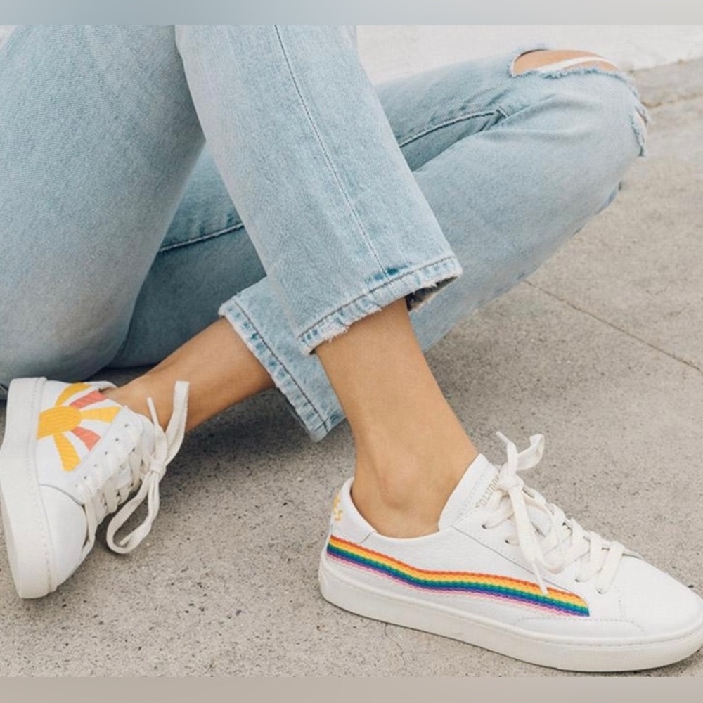 Soludos Rainbow Wave Embroidered Sneaker White, Yellow Size 9.5